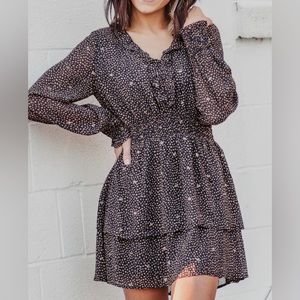 Navy Blue with gold detail Very J mini dress. Long sleeve, ruched waist.